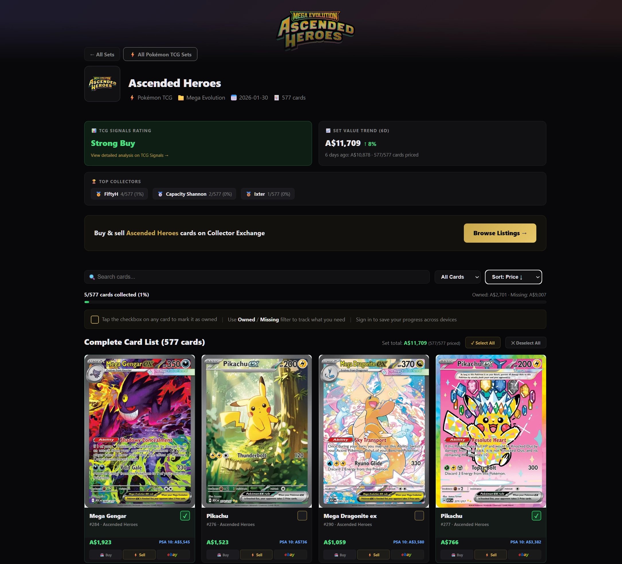 CX Vault — Set page with live pricing and collection tracking